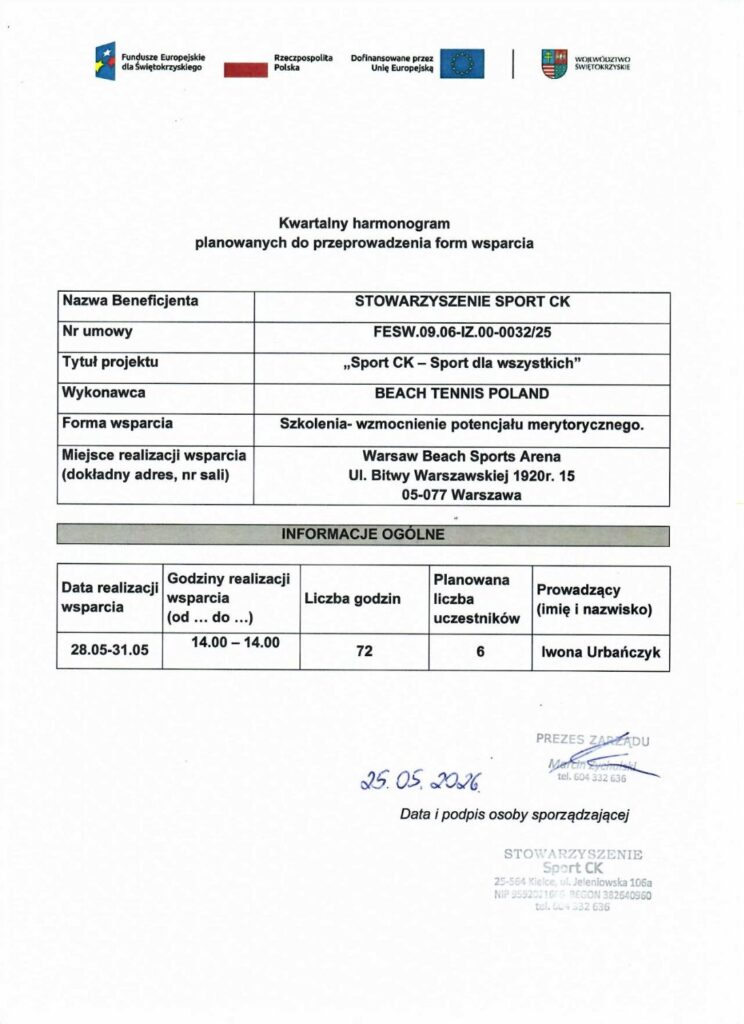 kwartalny harmonogram planowanych do przeprowadzenia form wsparcia